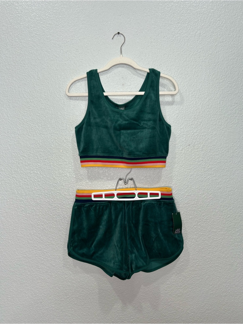 Wild Fable Dark Green Velour Crop Top and Shorts with Rainbow Stripe
